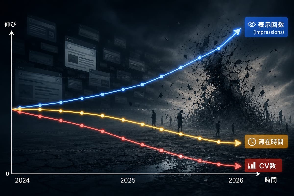 2024年から2026年にかけて、表示回数(impressions)は伸びる一方、滞在時間とCV数は下がり続けることを示す折れ線グラフ